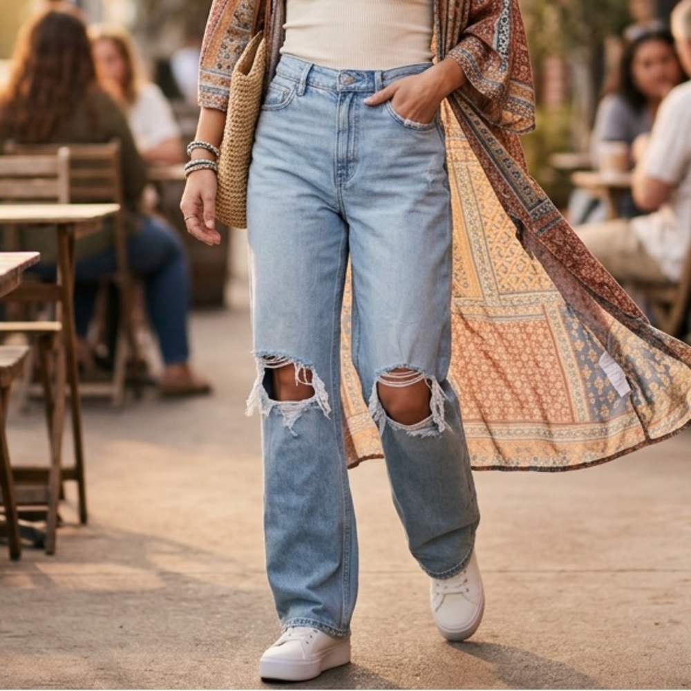 Hollister Ultra High Rise Dad Jeans Distressed Light Wash | Size 5 Long